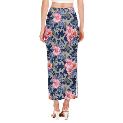 Pink Rose Flower Camouflage Print Side Slit Maxi Skirt