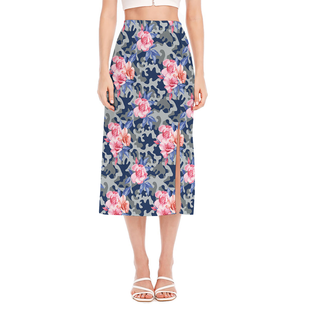Pink Rose Flower Camouflage Print Side Slit Midi Skirt