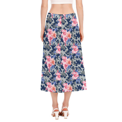 Pink Rose Flower Camouflage Print Side Slit Midi Skirt