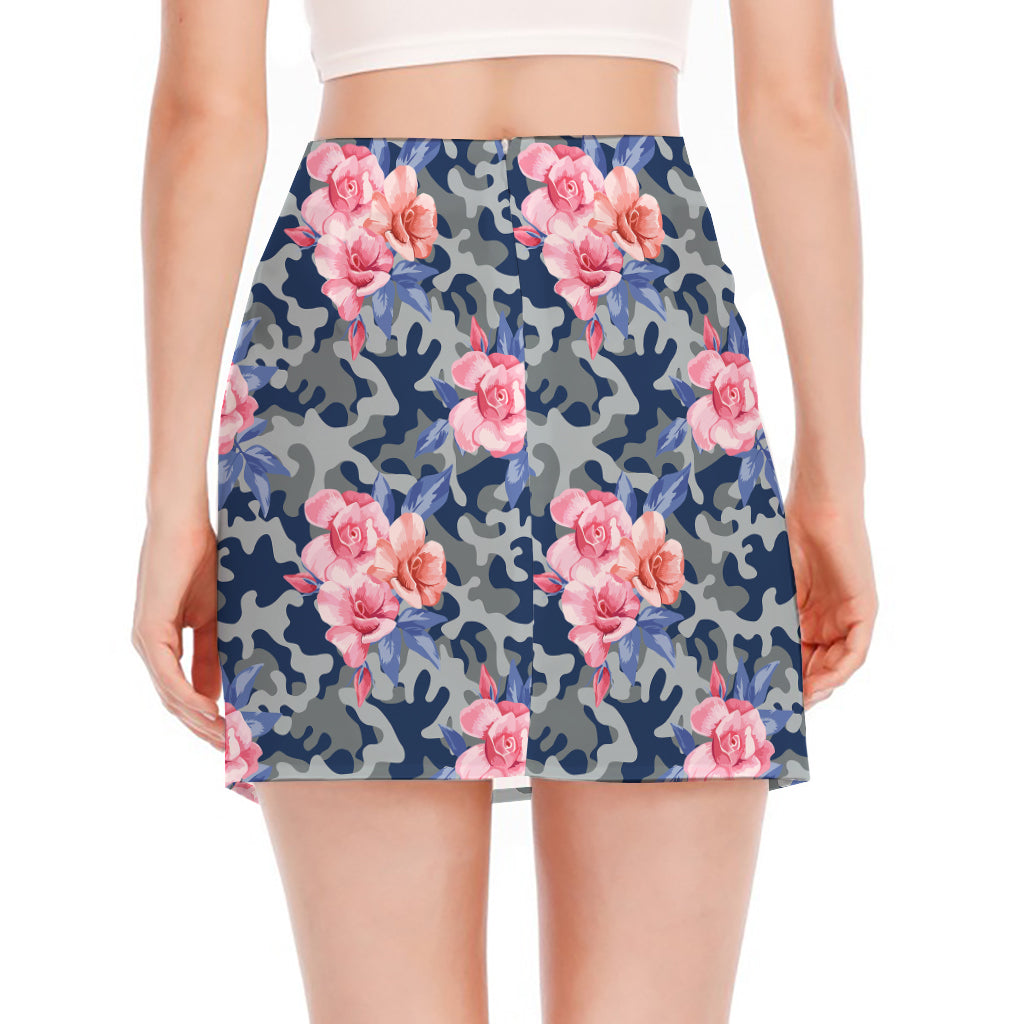 Pink Rose Flower Camouflage Print Side Slit Mini Skirt
