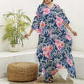 Pink Rose Flower Camouflage Print Silk V-Neck Kaftan Dress