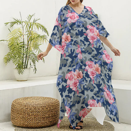 Pink Rose Flower Camouflage Print Silk V-Neck Kaftan Dress
