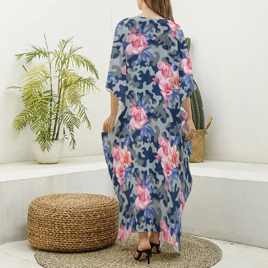 Pink Rose Flower Camouflage Print Silk V-Neck Kaftan Dress