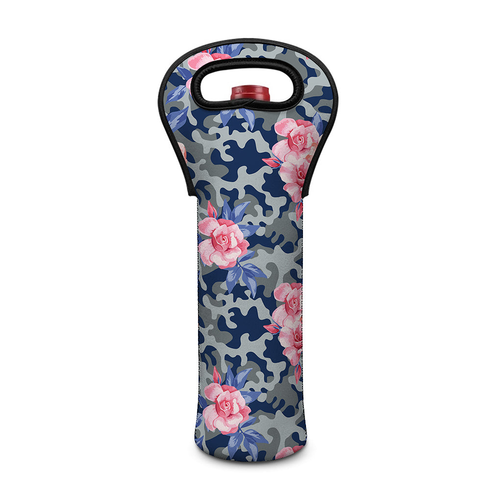 Pink Rose Flower Camouflage Print Single Neoprene Wine Tote