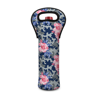 Pink Rose Flower Camouflage Print Single Neoprene Wine Tote
