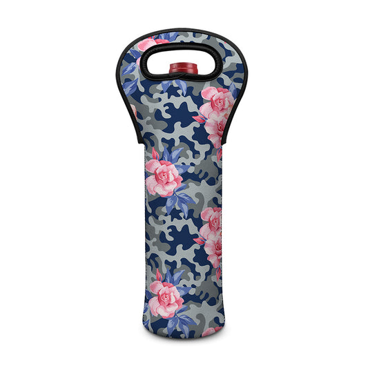 Pink Rose Flower Camouflage Print Single Neoprene Wine Tote