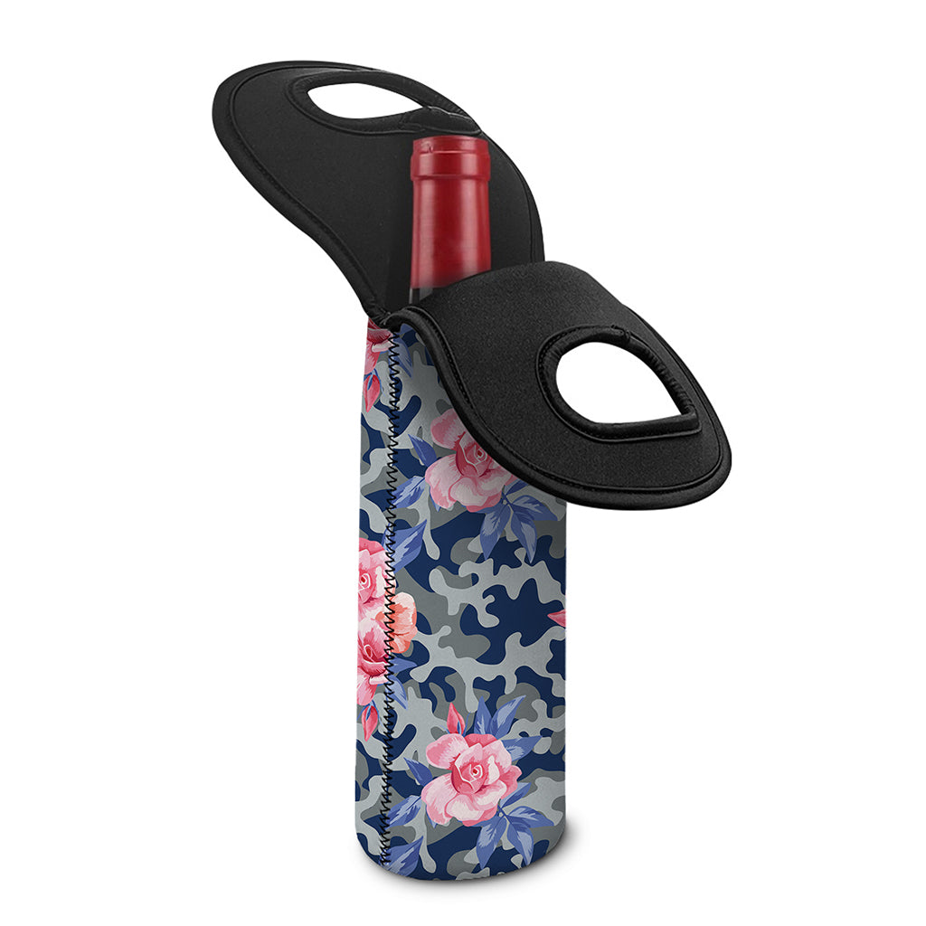Pink Rose Flower Camouflage Print Single Neoprene Wine Tote