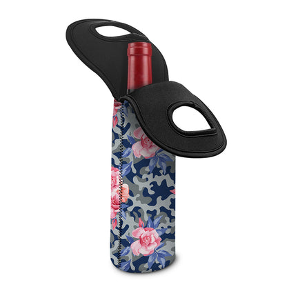 Pink Rose Flower Camouflage Print Single Neoprene Wine Tote
