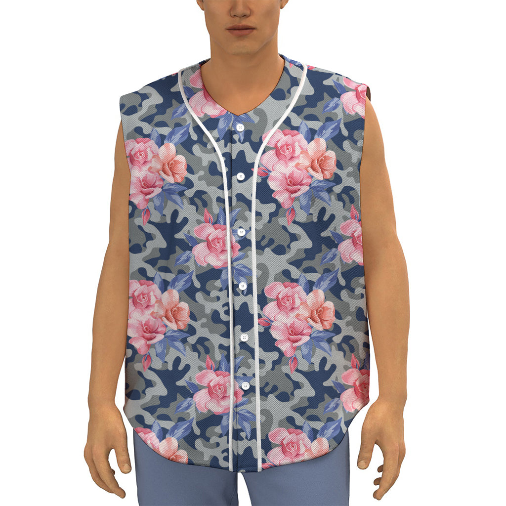 Pink Rose Flower Camouflage Print Sleeveless Baseball Jersey