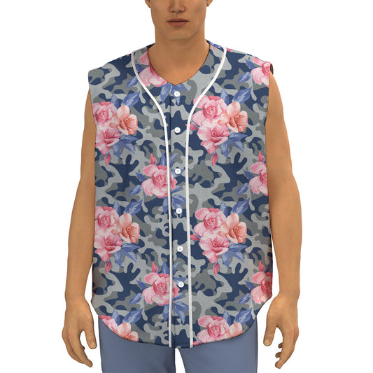 Pink Rose Flower Camouflage Print Sleeveless Baseball Jersey