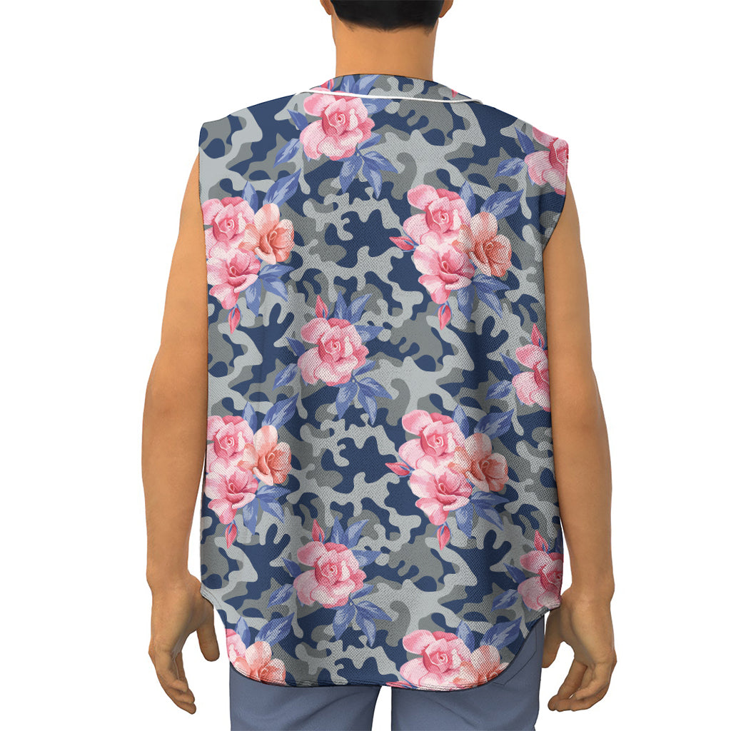 Pink Rose Flower Camouflage Print Sleeveless Baseball Jersey