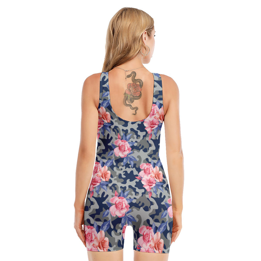 Pink Rose Flower Camouflage Print Sleeveless One Piece Swimsuit
