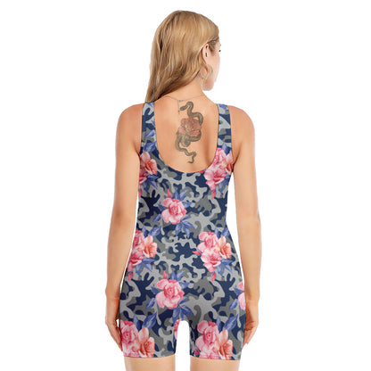 Pink Rose Flower Camouflage Print Sleeveless One Piece Swimsuit