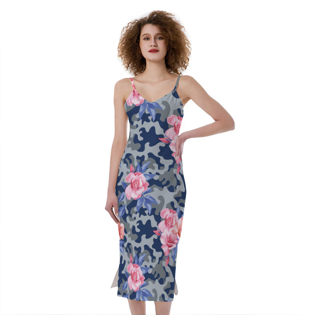 Pink Rose Flower Camouflage Print Slim Fit Midi Cami Dress