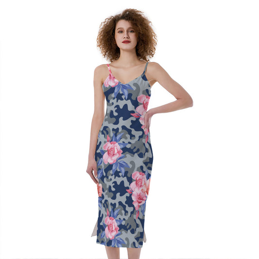 Pink Rose Flower Camouflage Print Slim Fit Midi Cami Dress