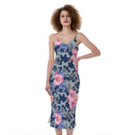 Pink Rose Flower Camouflage Print Slim Fit Midi Cami Dress