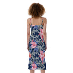 Pink Rose Flower Camouflage Print Slim Fit Midi Cami Dress
