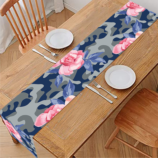 Pink Rose Flower Camouflage Print Table Runner