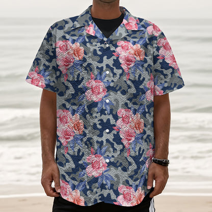 Pink Rose Flower Camouflage Print Textured Short Sleeve Shirt