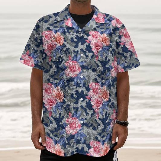 Pink Rose Flower Camouflage Print Textured Short Sleeve Shirt