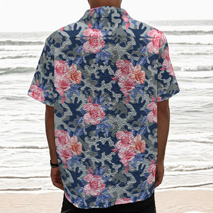 Pink Rose Flower Camouflage Print Textured Short Sleeve Shirt
