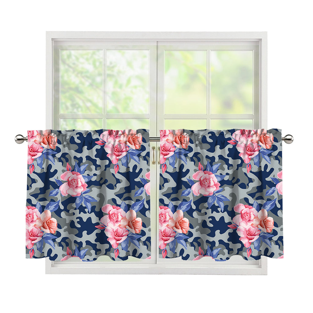 Pink Rose Flower Camouflage Print Tier Curtains