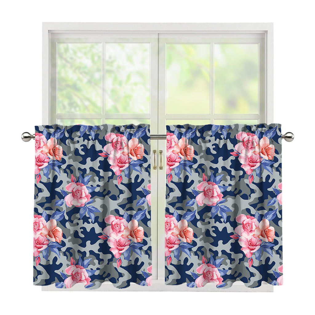 Pink Rose Flower Camouflage Print Tier Curtains