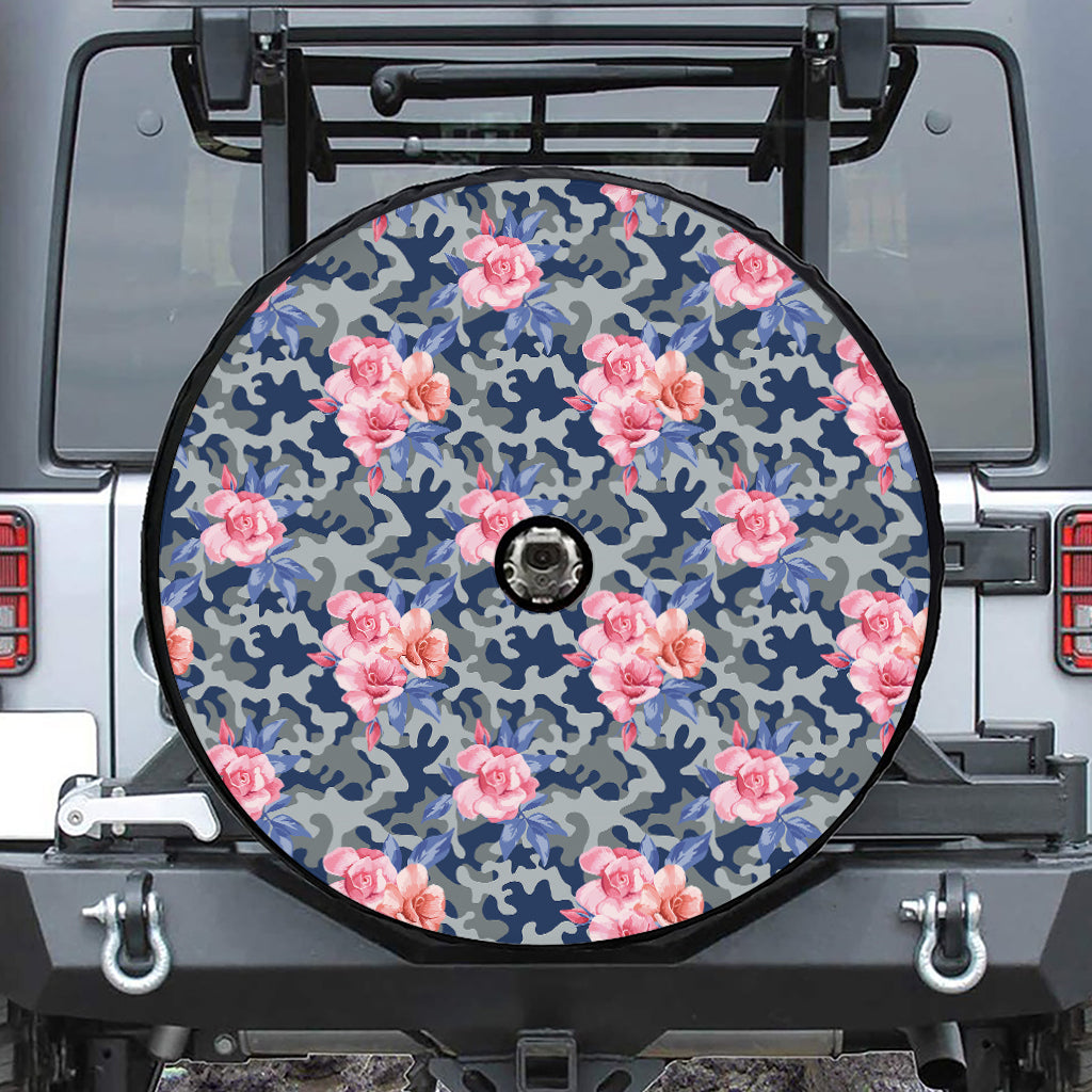 Pink Rose Flower Camouflage Print Tire Cover With Camera Hole