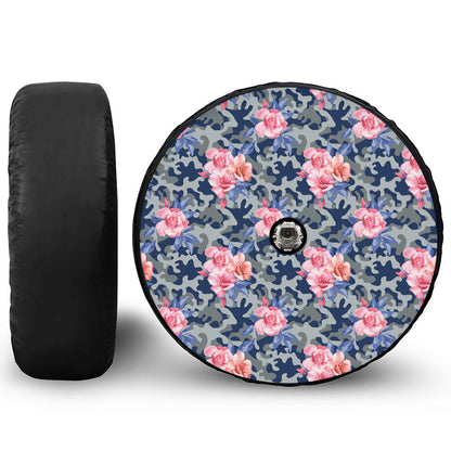 Pink Rose Flower Camouflage Print Tire Cover With Camera Hole