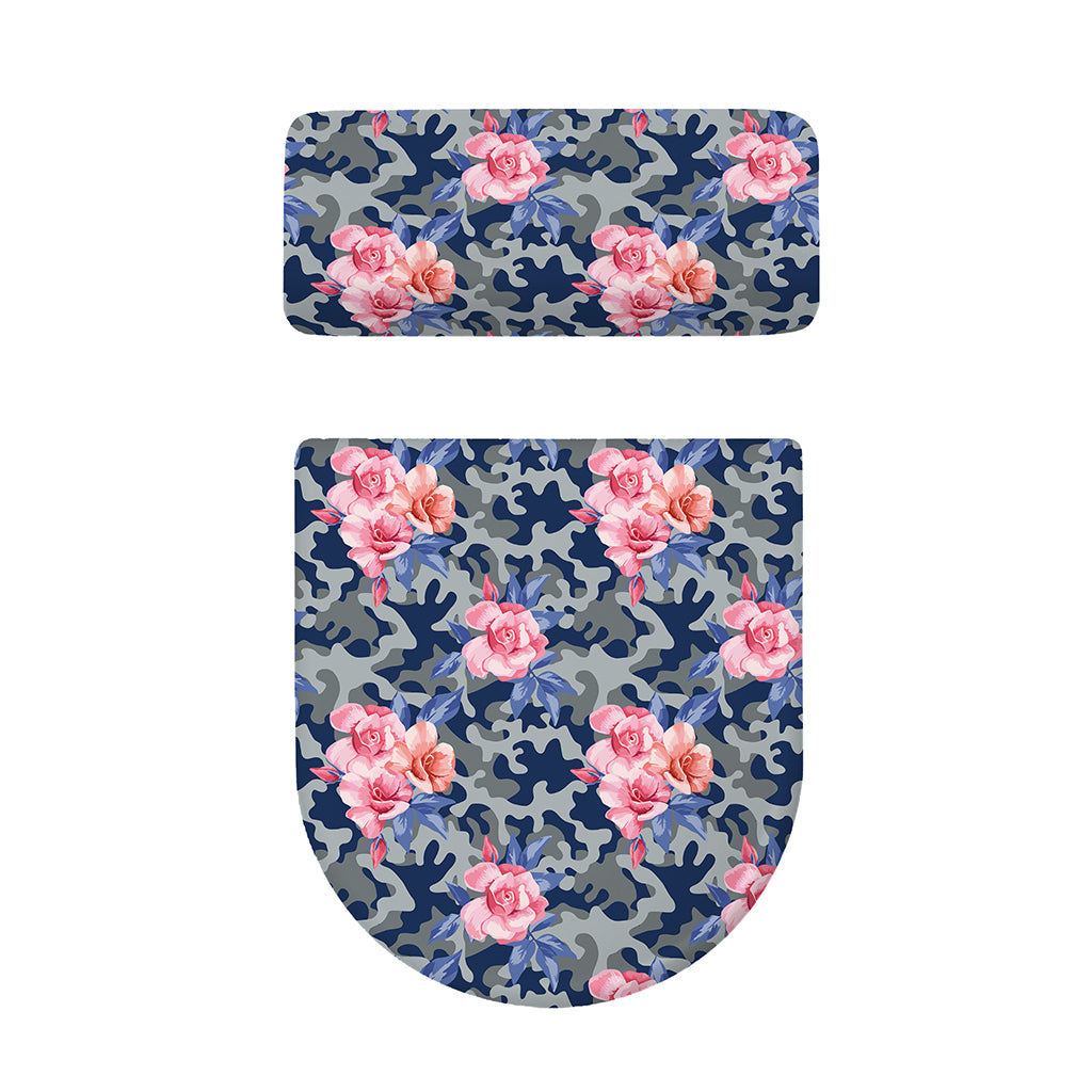 Pink Rose Flower Camouflage Print Toilet Lid And Tank Cover Set