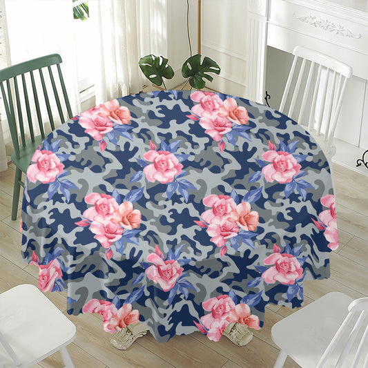 Pink Rose Flower Camouflage Print Waterproof Round Tablecloth