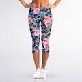 Pink Rose Flower Camouflage Print Women's Capri Leggings