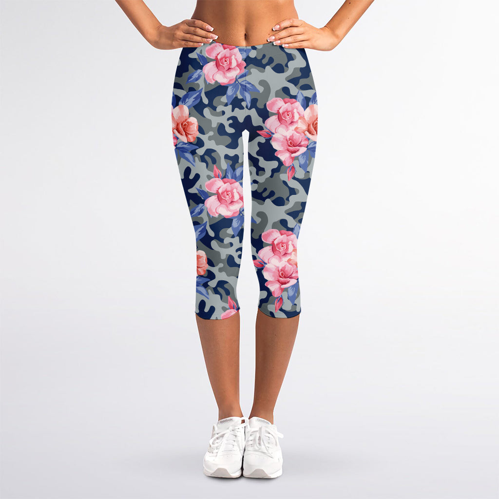 Pink Rose Flower Camouflage Print Women's Capri Leggings