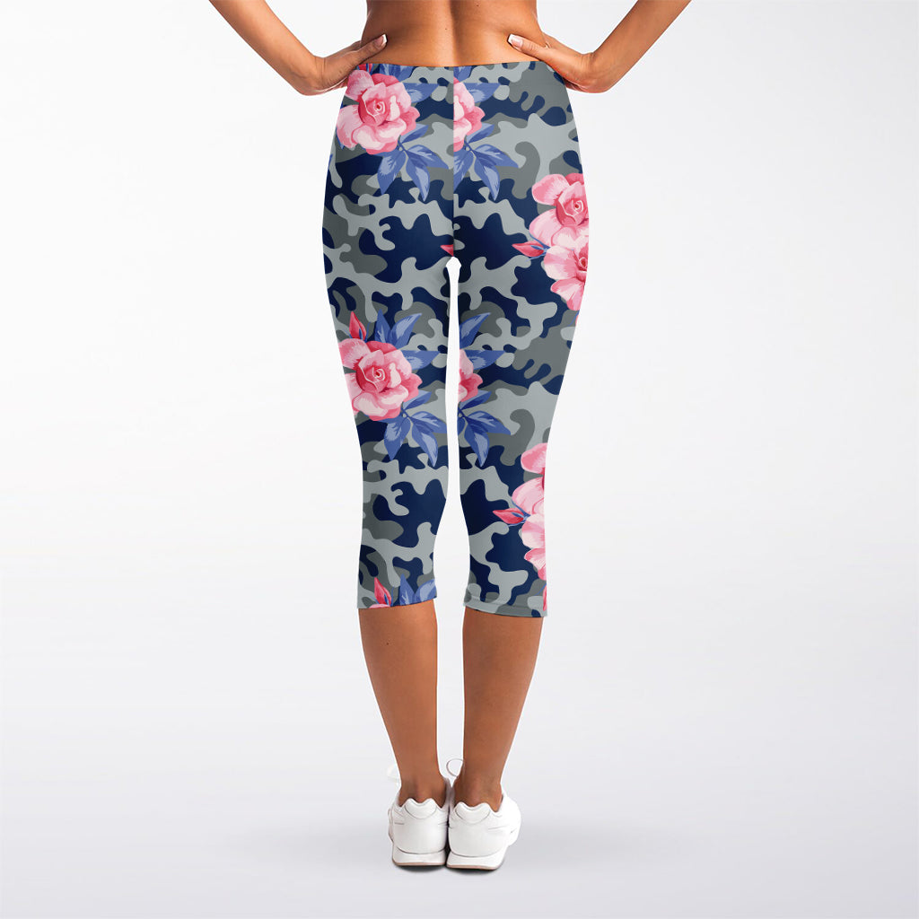Pink Rose Flower Camouflage Print Women's Capri Leggings