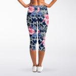 Pink Rose Flower Camouflage Print Women's Capri Leggings