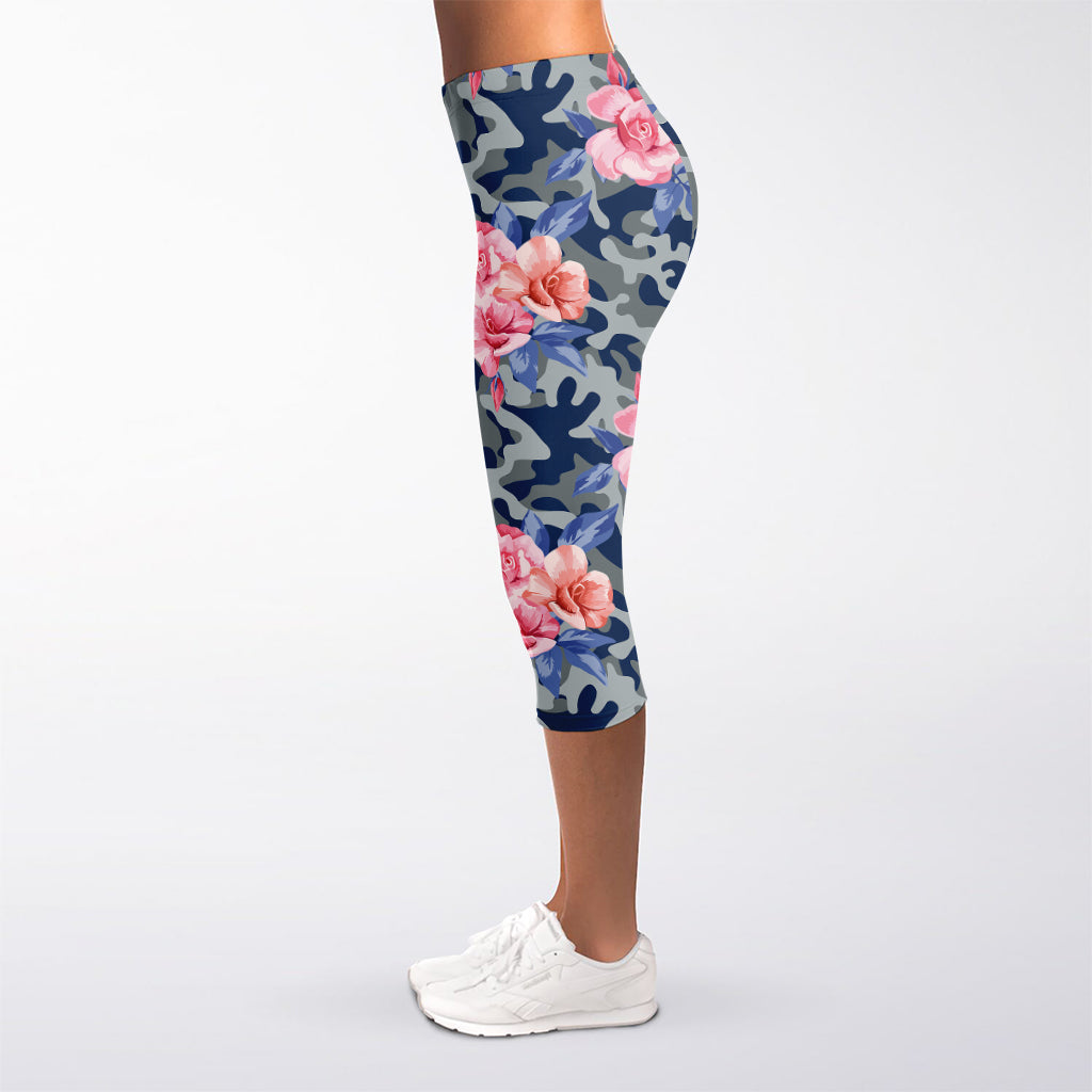 Pink Rose Flower Camouflage Print Women's Capri Leggings
