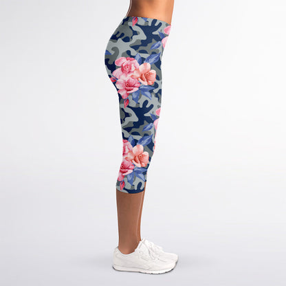 Pink Rose Flower Camouflage Print Women's Capri Leggings