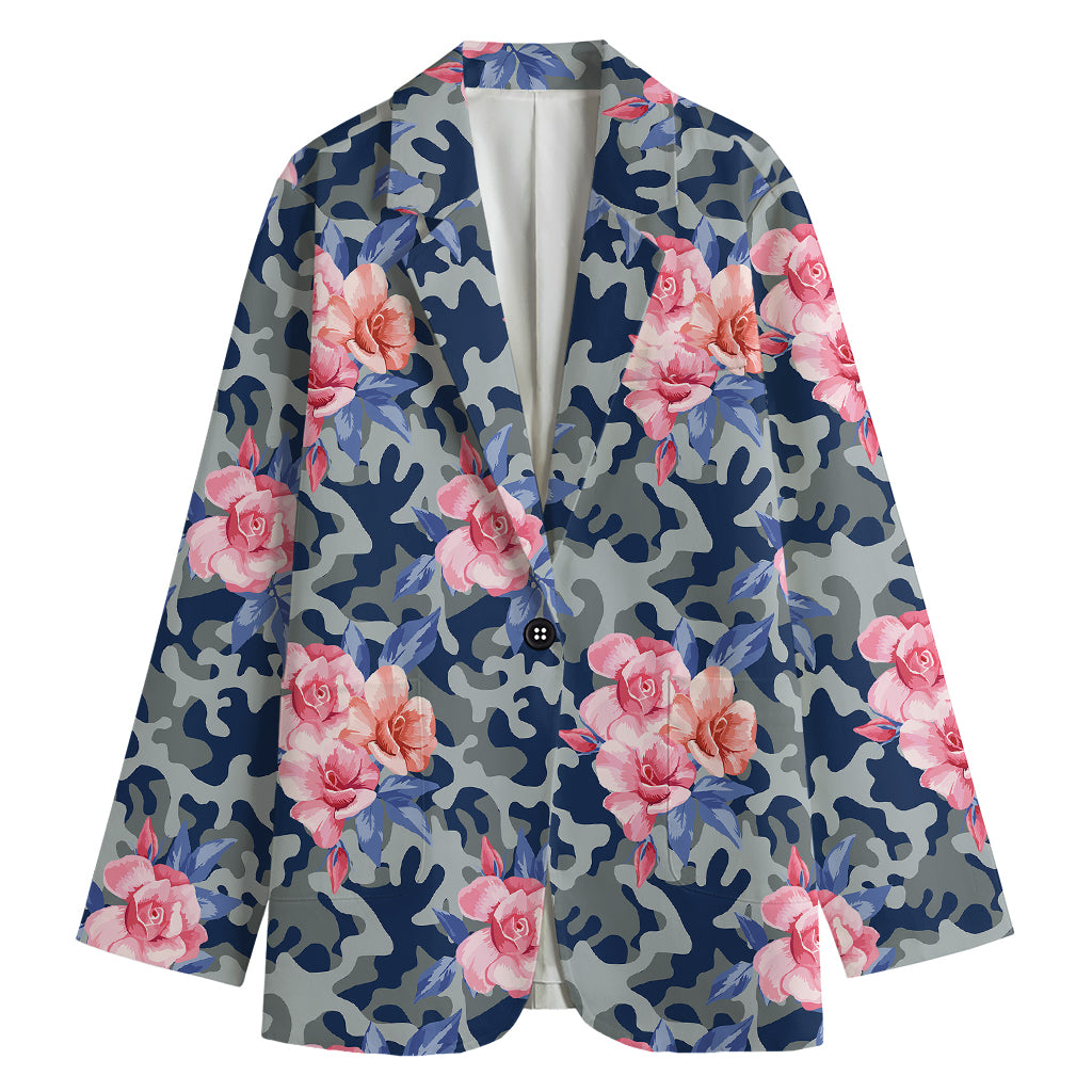 Pink Rose Flower Camouflage Print Women's Cotton Blazer