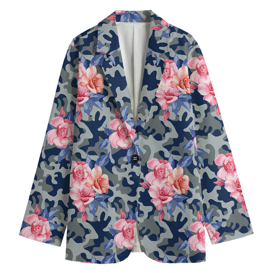 Pink Rose Flower Camouflage Print Women's Cotton Blazer