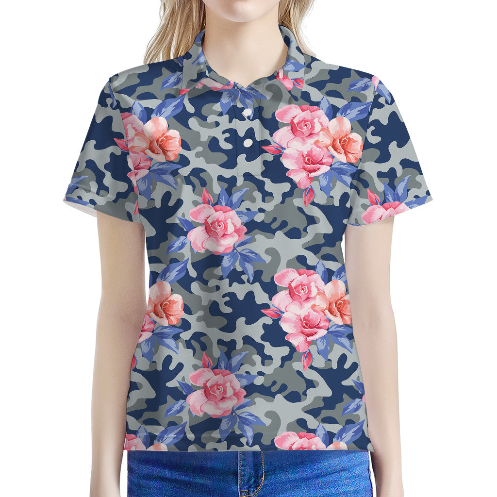 Pink Rose Flower Camouflage Print Women's Polo Shirt