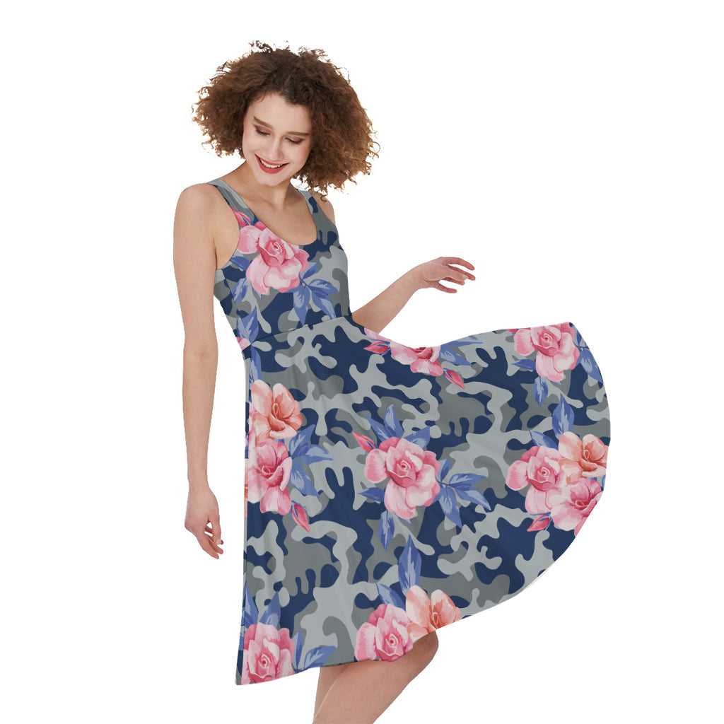 Pink Rose Flower Camouflage Print Women's Sleeveless Dress