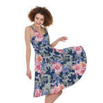 Pink Rose Flower Camouflage Print Women's Sleeveless Dress
