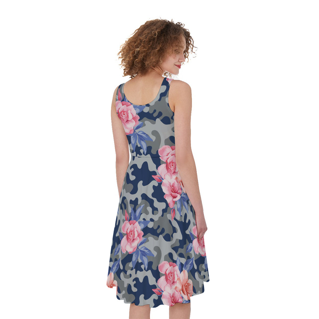 Pink Rose Flower Camouflage Print Women's Sleeveless Dress