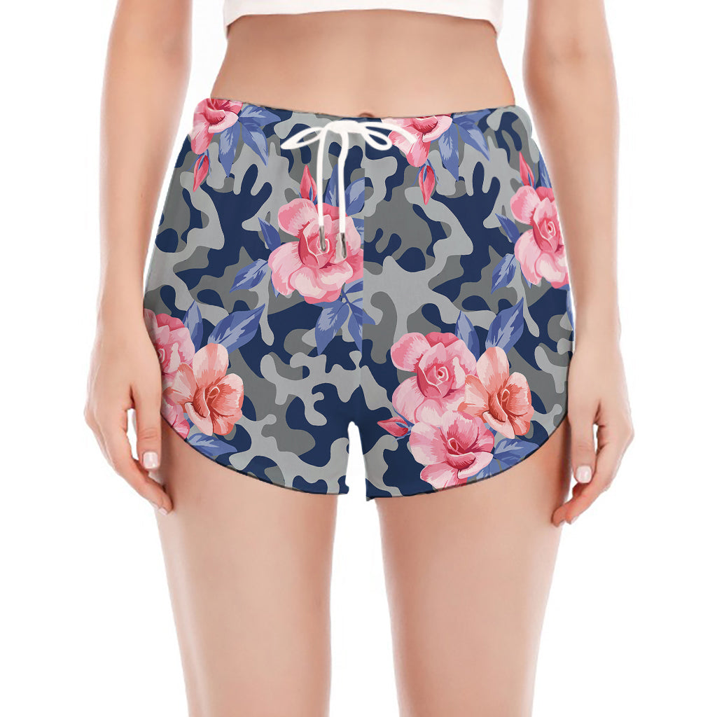 Pink Rose Flower Camouflage Print Women's Split Running Shorts