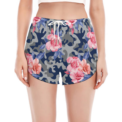 Pink Rose Flower Camouflage Print Women's Split Running Shorts