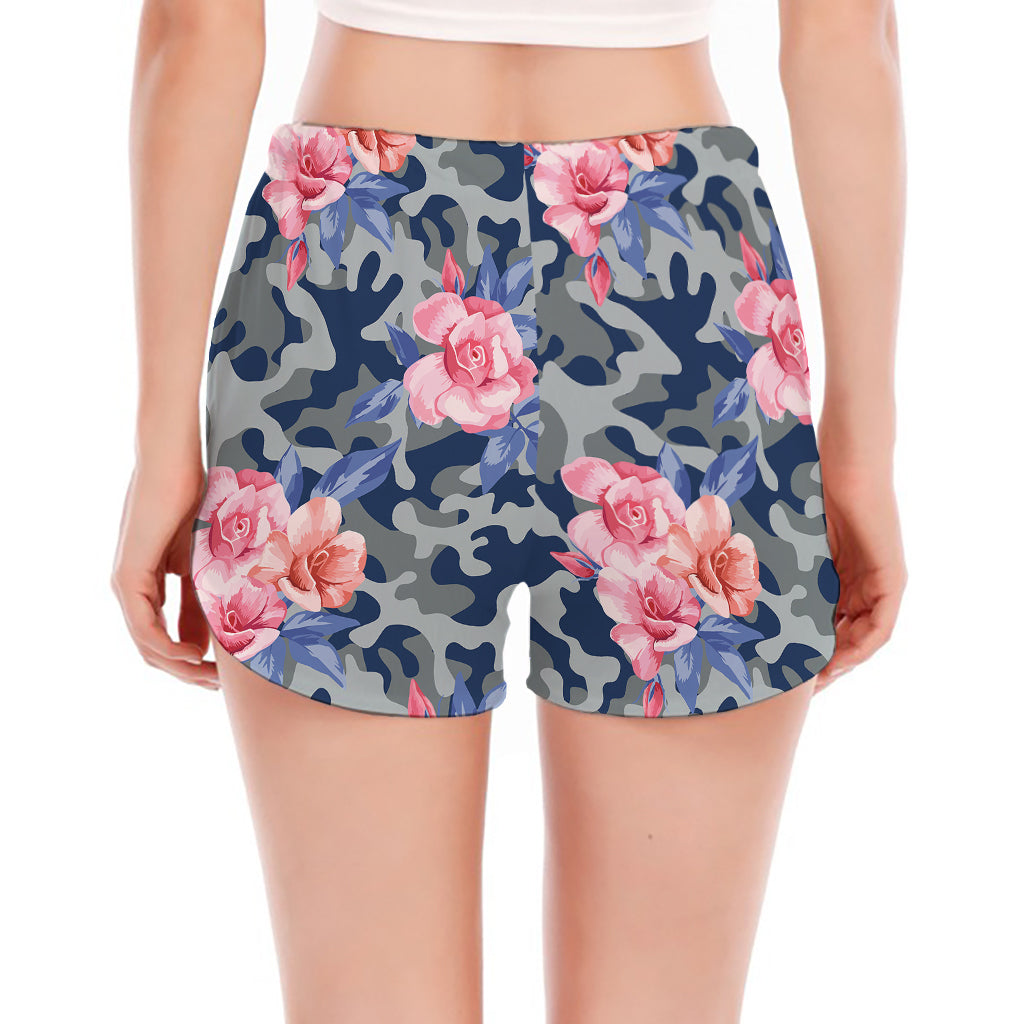 Pink Rose Flower Camouflage Print Women's Split Running Shorts