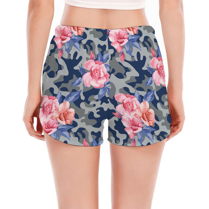Pink Rose Flower Camouflage Print Women's Split Running Shorts