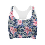 Pink Rose Flower Camouflage Print Women's Sports Bra