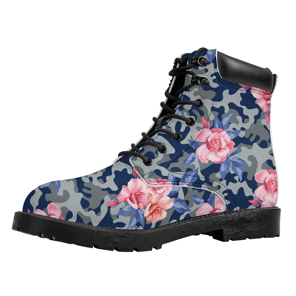 Pink Rose Flower Camouflage Print Work Boots