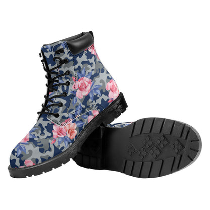 Pink Rose Flower Camouflage Print Work Boots